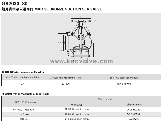 船用法蘭青銅吸入通海閥GB/T2030-80(圖1)